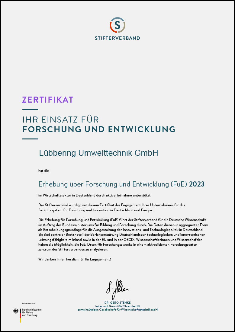 Certificat pour notre soutien à l'enquête sur la recherche et le développement 2023 du Stifterverband.